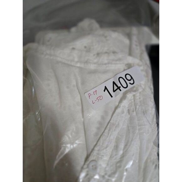 White Embroidered Eyelet Button-Front Midi Dress 3/4 Sleeves Mandarin Collar - Picture 10 of 10